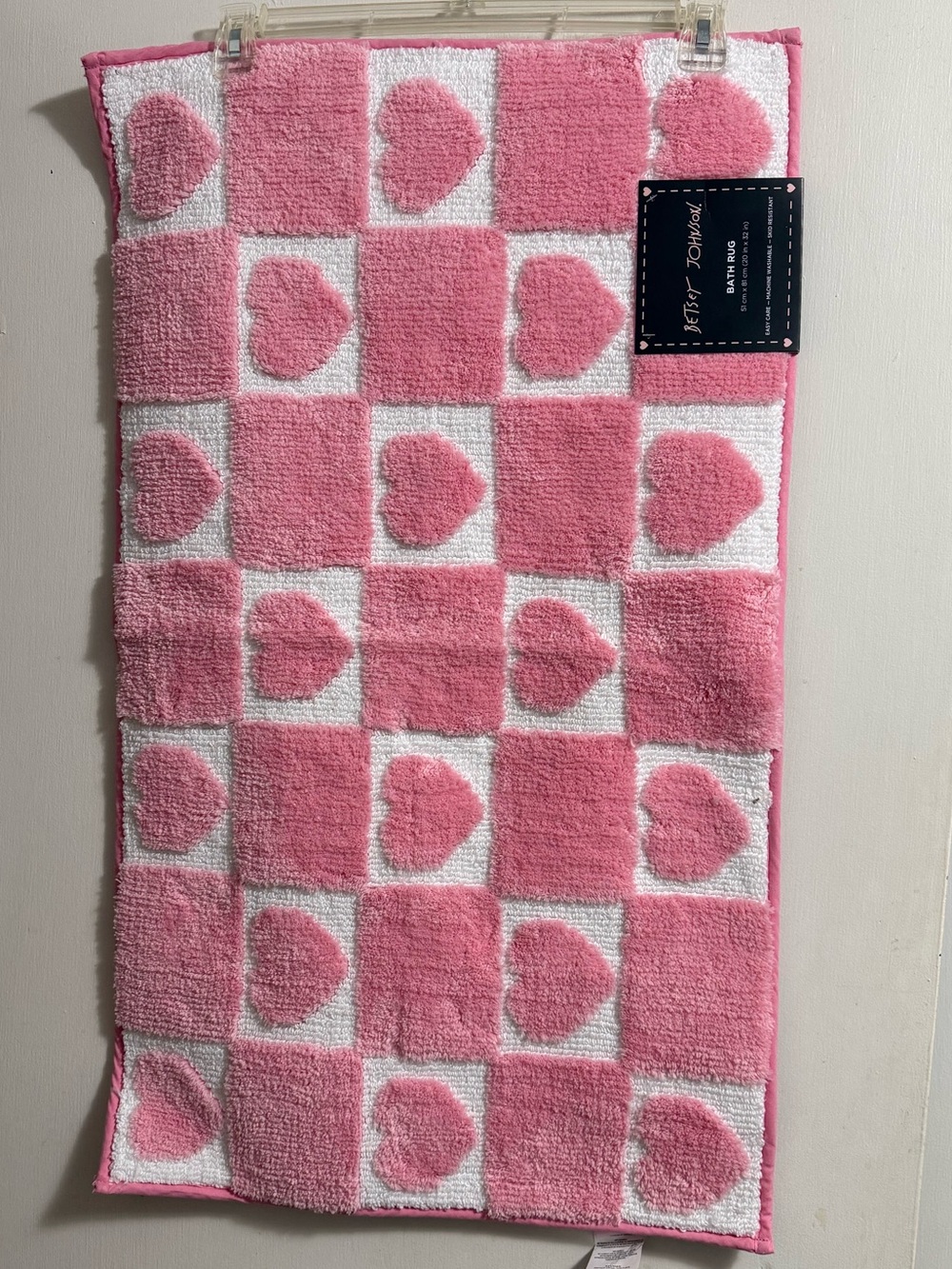 Betsey Johnson Pink and White Heart Check Bath Rug